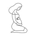 Sitting pregnant woman, profile portrait. Line drawing. Cute woman keeps her hands on her belly. Awaiting for a child