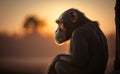 A chimpanzee with side view and gazing into the sunset, generative AI