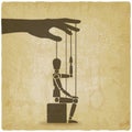 Sitting puppet with his hand up vintage background