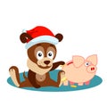 New year or Christmas greeting card with dog, and money box pig Royalty Free Stock Photo