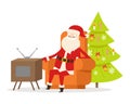 Sitting Santa Claus in Orange Armchair near TV Set