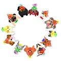 Sitting small dogs and cats with party hats looking up circle