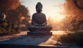 Sitting statue meditates in lotus position at serene sunset pagoda generated by AI