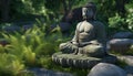 Sitting statue meditates in lotus position, surrounded by tranquil nature generated by AI