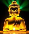 Sitting statue of smiling buddha with lighted candles. Golden buddha glowing holy colorful light.