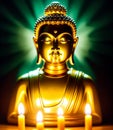 Sitting statue of smiling buddha with lighted candles. Golden buddha glowing holy colorful light.