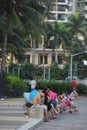 Sitting on the stone bench for a rest of the tourists in SHENZHEN