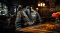 Sitting in Style: A Cool, Confident Man in a Leather Jacket at a Table Royalty Free Stock Photo