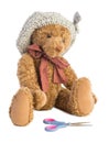 Sitting teddy bear with hat and scissors