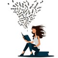 Sitting teen girl reading book with text flying out question vector graphics
