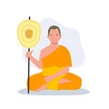 Sitting Thai Monk in Traditional Robes with talipot fan