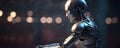 Sitting and thinking metallic AI robot and blurred bokeh background. Generative AI