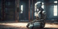 Sitting and thinking metallic AI robot and blurred factory or warehouse background with copy space. Generative AI