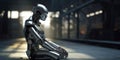 Sitting and thinking metallic AI robot and blurred factory or warehouse background with copy space. Generative AI