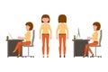 Sitting, typing on key board, standing front and back view girl cartoon character set