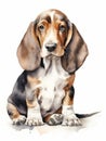 Sitting Vendeen Basset with Long Floppy Ears in Watercolor AI Generated