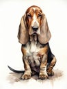 Sitting Vendeen Basset with Long Floppy Ears in Watercolor AI Generated