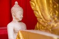 Sitting white Buddha statue mistake in create at temple Thailand