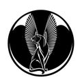 Sitting winged panther cat with ancient egypt style decor black vector emblem design