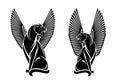 Sitting winged panther cats with ancient egypt style decor black vector outlines