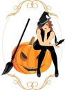 Sitting witch on the halloween pumpkin. Frame