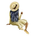 Sitting woman figure watercolor illustration. Relaxed black skin girl with long hair and hat. Happy retro style woman