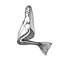 Sitting young cute mermaid with fishnet tail, fantasy marine creature, for logo or emblem, engraving