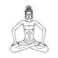 Sitting young yogi girl in lotus position does belly vacuum and muscle wave