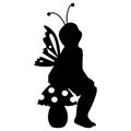 Sittinh girl silhouette with buttefly wings sitting on mushroom. Vector illustration. Royalty Free Stock Photo