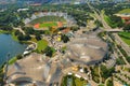 Aerial view of Olympic Stadium Olympiastadion, Olympic Hall Olympiahalle and Aquatic Center Olympia Schwimmhalle, Munich MÃÂ¼