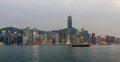 Famous Light Show Skyline Panorama with Victoria Bay, Star Ferry and Hongkong Island in the background. Hong Kong, China, Asia Royalty Free Stock Photo