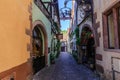 RIQUEWIHR, FRANCE - JULY 17, 2017: Picturesque street with traditional colorful houses in Riquewihr village on alsatian wine route Royalty Free Stock Photo