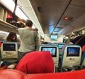 Situation from the cabin of a Turkish Airlines economy class plane where the seat consists of three parts, right, left and center