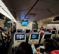 Situation from the cabin of a Turkish Airlines economy class plane where the seat consists of three parts, right, left and center