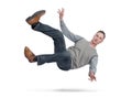 Situation, the man in casual clothes is falling down. isolated on white background. Concept of an accident Royalty Free Stock Photo