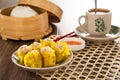 Siu Mai - Chinese steamed pork dumplings in bamboo steamers. Dim Sum Royalty Free Stock Photo