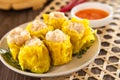 Siu Mai - Chinese steamed pork dumplings in bamboo steamers. Dim Sum Royalty Free Stock Photo