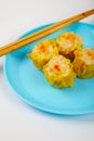 Siu Mai - Chinese steamed pork dumplings on blue plate Royalty Free Stock Photo