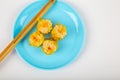 Siu Mai - Chinese steamed pork dumplings on blue plate Royalty Free Stock Photo