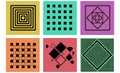Six Abstract Geometric Square Designs. Retro-Inspired Grid, Tunnel, and Pattern Collection in Yellow, Teal, Orange, and Pink. Royalty Free Stock Photo