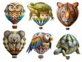 Six animal shaped hot air balloons, on a white background. Generative AI.