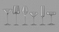 Six Assorted Drinking Glasses Isolated On Transparent Background, Showcasing Different Elegant Designs and Shapes Royalty Free Stock Photo