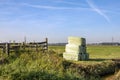 Six bales of hay, silage bales, wrapped in light green plastic stacked in a landscape. Royalty Free Stock Photo