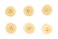 Six banana slices set over white background Royalty Free Stock Photo