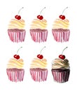 Six beautiful tender cute delicious tasty yummy summer dessert cupcakes with red cherry