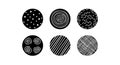 Six black abstract circular patterns with dots stripes and swirls vector design Royalty Free Stock Photo