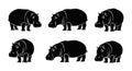Set of Six Black Hippopotamus Silhouettes Royalty Free Stock Photo