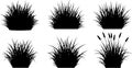 Six black silhouette illustrations of grass and cattails on a white background nature Royalty Free Stock Photo