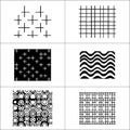 Six black and white patterns including crosses waves lines and squares arranged in a grid format Royalty Free Stock Photo