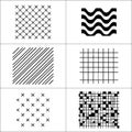 Six black and white patterns including crosses waves lines and squares arranged in a grid format Royalty Free Stock Photo